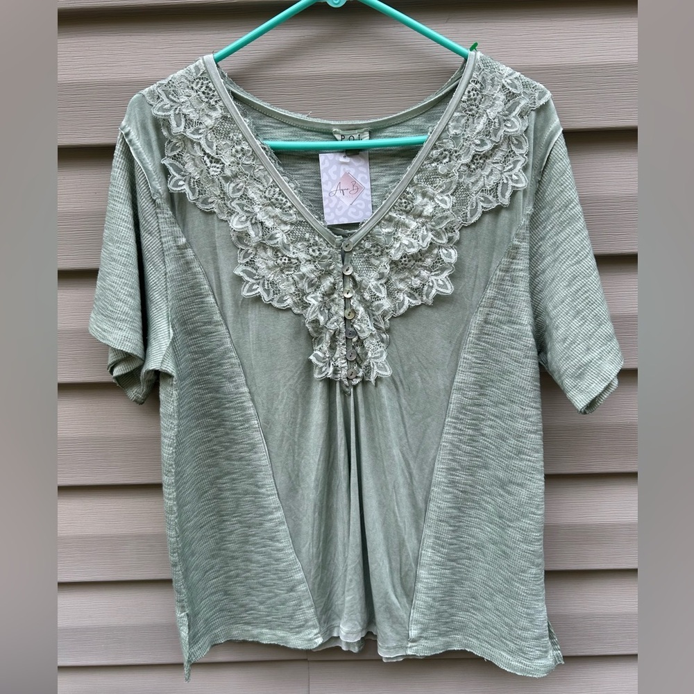 NEW POL size M sage green lace flowy Henley blouse cottagecore prairie